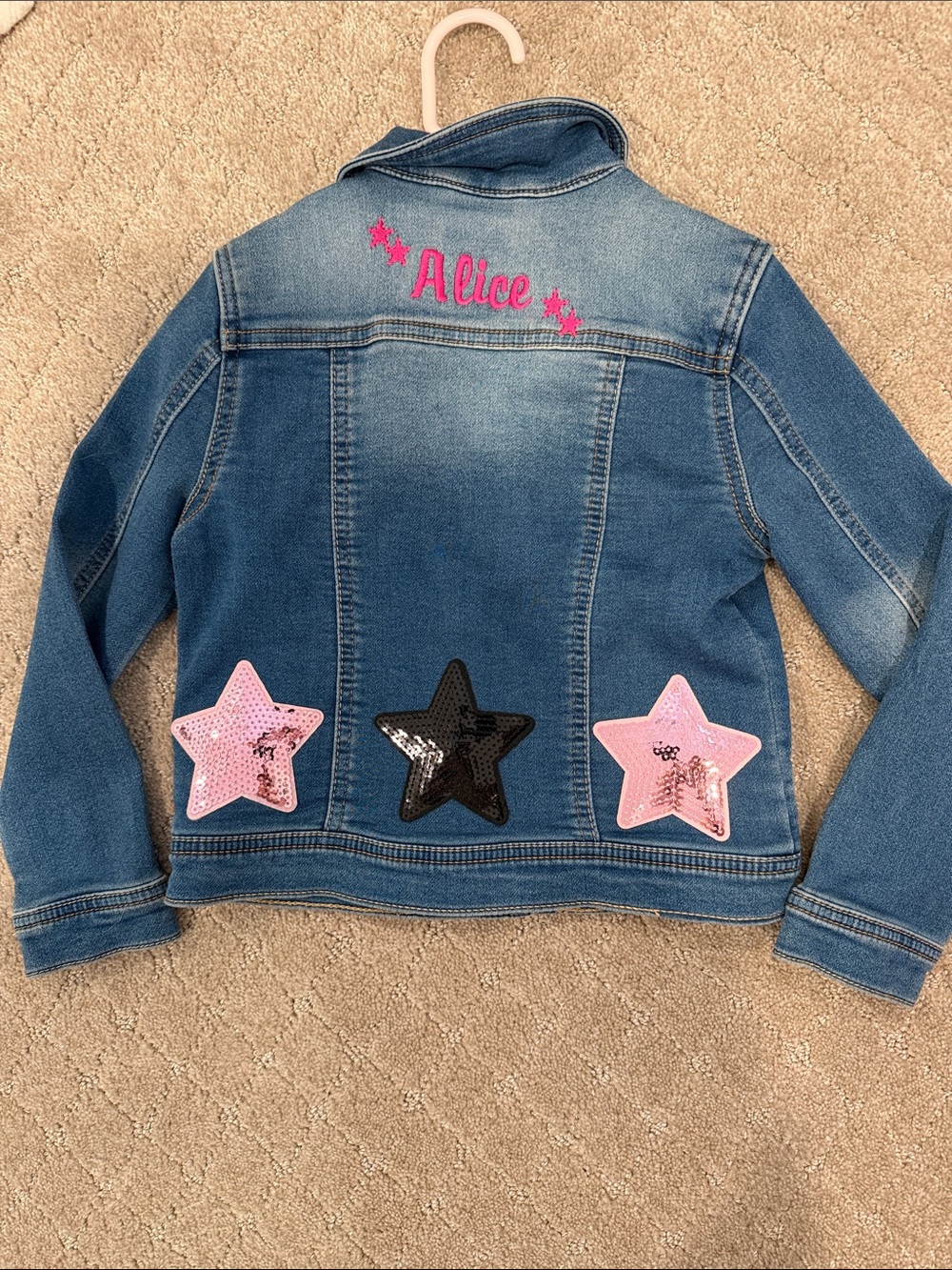 Kids Personalized Denim Jacket “Alice” with Pink and Black Star Patches- size 5t